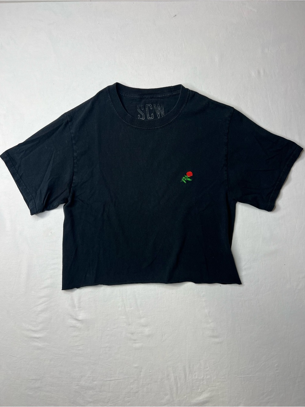 SCW black cotton crop top with embroidered red rose graphic
